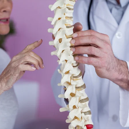 A doctor and patient having a consultation over a spine model